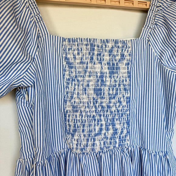 J. Crew Midi Dress Sz 8 Blue White Stripe Cotton Tiered Puff Sleeve SU24 Cottage - Picture 11 of 15